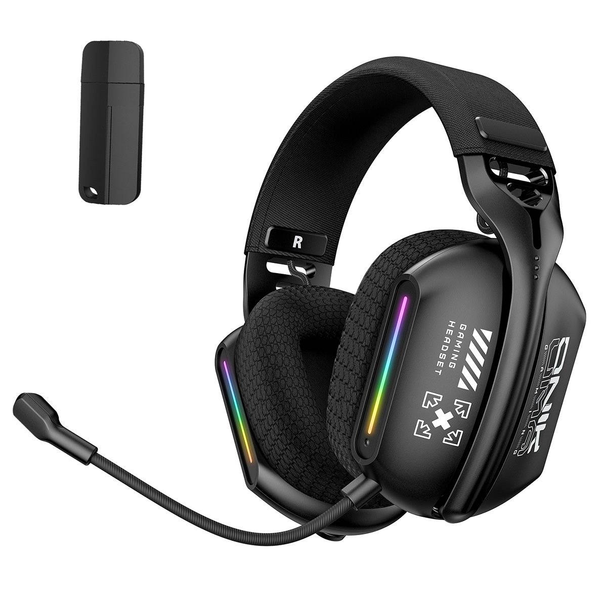 ONIKUMA GT808 Gaming Headset with detachable microphone and USB dongle, offering seamless wireless connectivity and immersive audio.